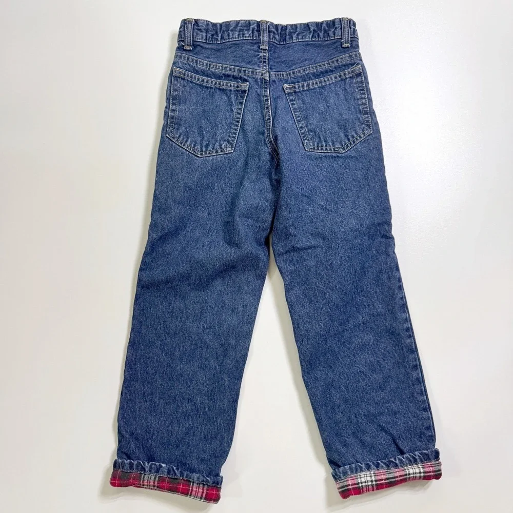Lands End Flannel Lined Jeans Kids 10 Slim Plaid Straight Leg Adjustable Waist